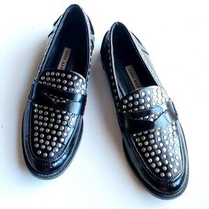 Zara Black & Silver Studded Penny Loafers Low Heel Slip-on Shoes
